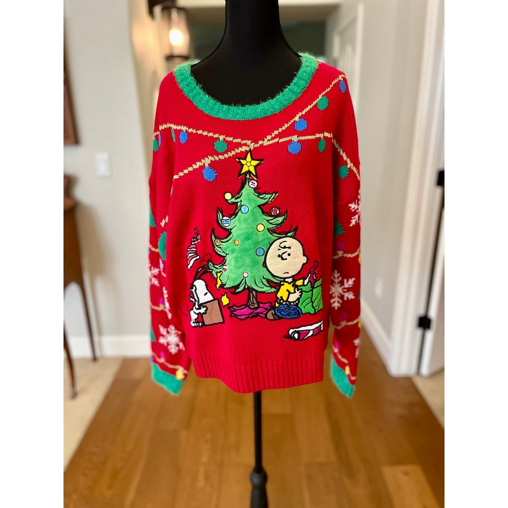 NWT Peanuts Charlie Brown Snoopy Ugly Christmas Sweater XL 3D Texture Tree